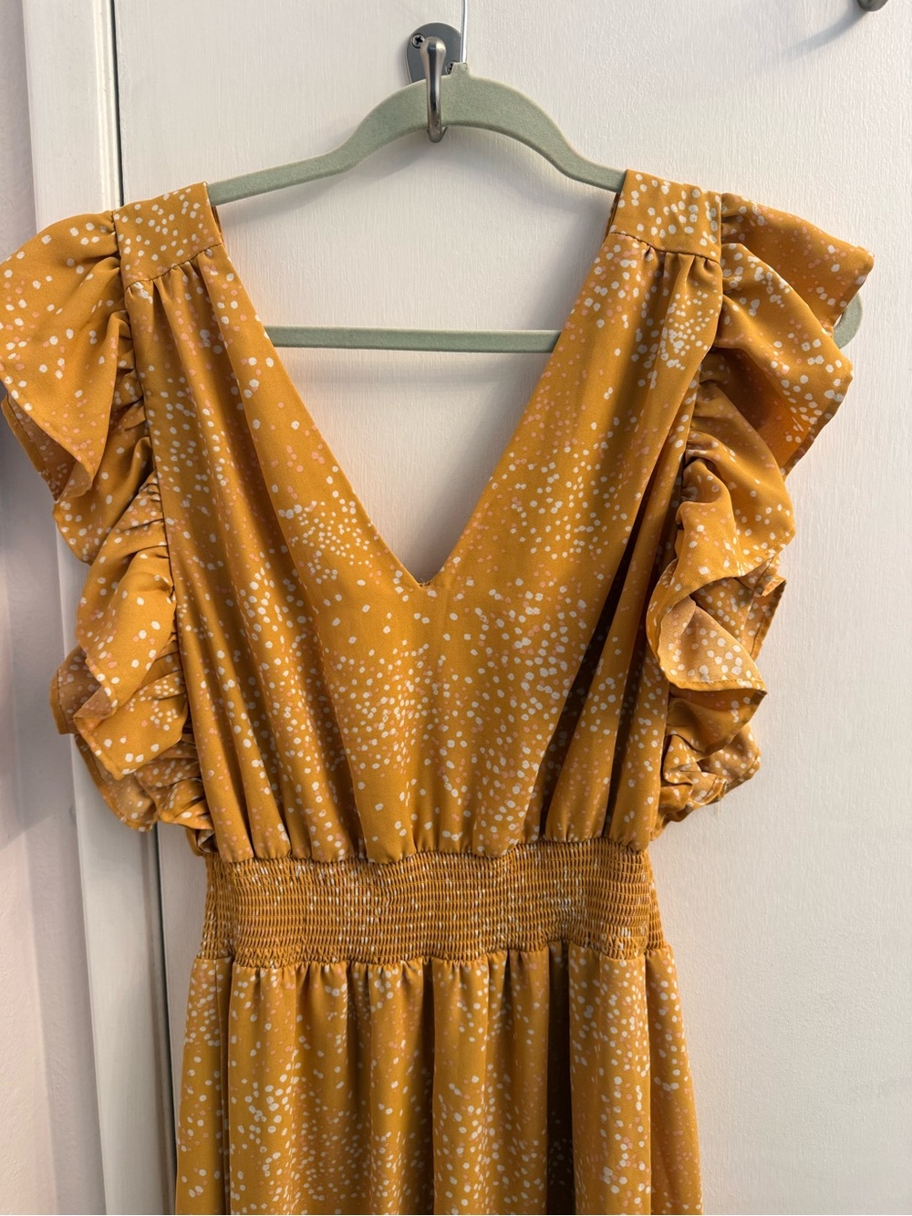 Express Mustard Dot Ruffle-Sleeve Midi Dress - Picture 1 of 6